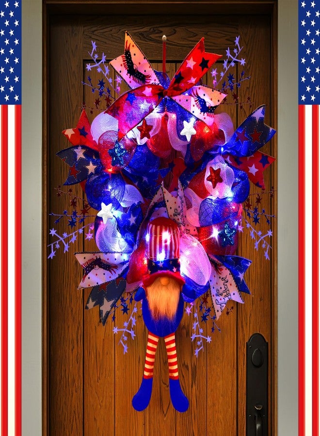 Kenburg Lighted Up 4th of July Wreaths with Bow, Red White and Blue Mesh Artificial Wreath, American Flag Patriotic Gnome Wreath Decor for Independence Day Front Door Farmhouse Home Wall - Image 1
