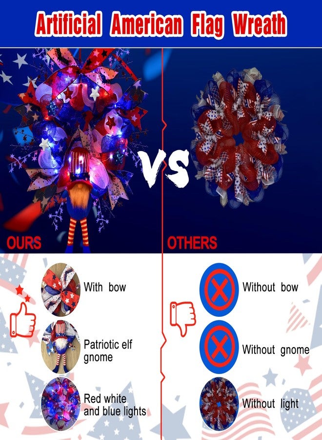 Kenburg Lighted Up 4th of July Wreaths with Bow, Red White and Blue Mesh Artificial Wreath, American Flag Patriotic Gnome Wreath Decor for Independence Day Front Door Farmhouse Home Wall - Image 3