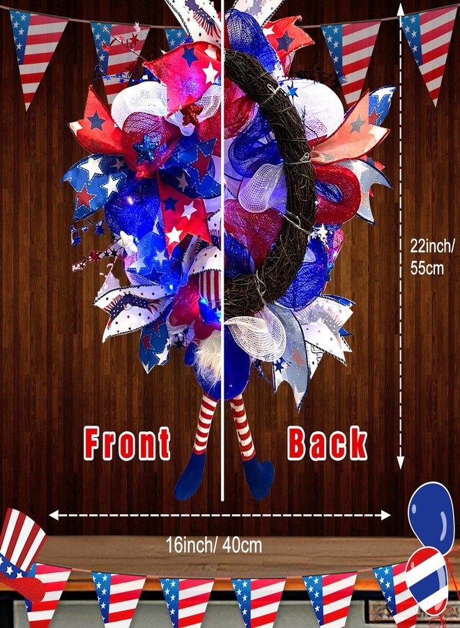 Kenburg Lighted Up 4th of July Wreaths with Bow, Red White and Blue Mesh Artificial Wreath, American Flag Patriotic Gnome Wreath Decor for Independence Day Front Door Farmhouse Home Wall - Image 2