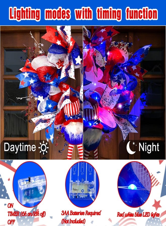 Kenburg Lighted Up 4th of July Wreaths with Bow, Red White and Blue Mesh Artificial Wreath, American Flag Patriotic Gnome Wreath Decor for Independence Day Front Door Farmhouse Home Wall - Image 5