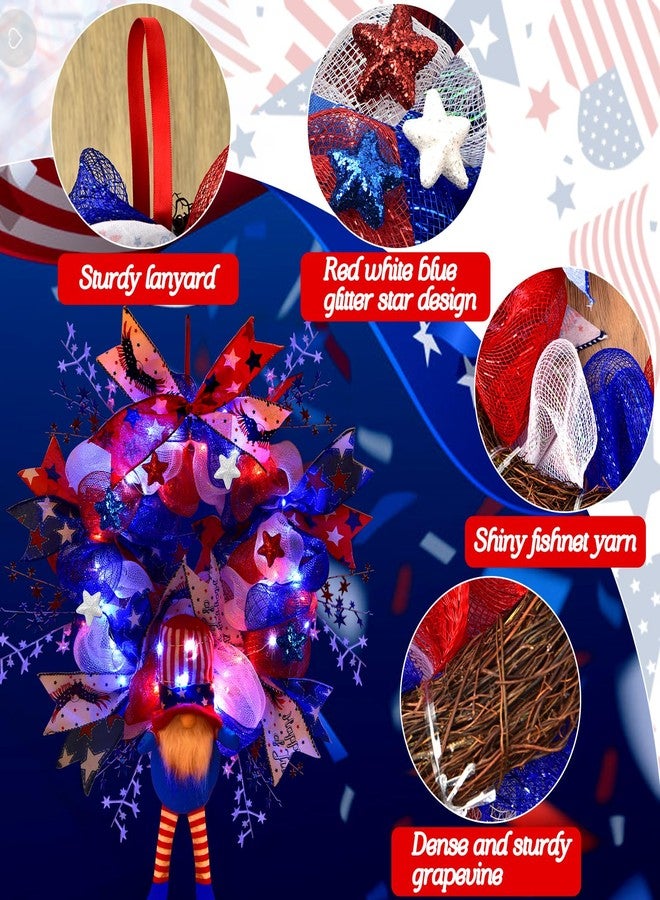 Kenburg Lighted Up 4th of July Wreaths with Bow, Red White and Blue Mesh Artificial Wreath, American Flag Patriotic Gnome Wreath Decor for Independence Day Front Door Farmhouse Home Wall - Image 4
