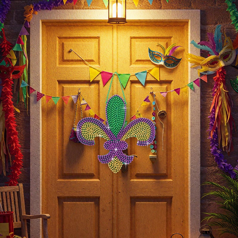 Dingion 12 Inch Mardi Gras Door Decorations Fleur De Lis Decor Mardi Gras Wreath Sign Outdoor Backdrop Door and Wall Decorations Wall Banner for New Orleans Party Decor - Image 4