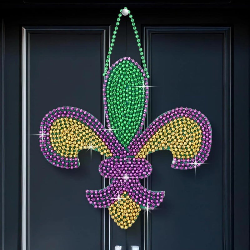Dingion 12 Inch Mardi Gras Door Decorations Fleur De Lis Decor Mardi Gras Wreath Sign Outdoor Backdrop Door and Wall Decorations Wall Banner for New Orleans Party Decor - Image 1