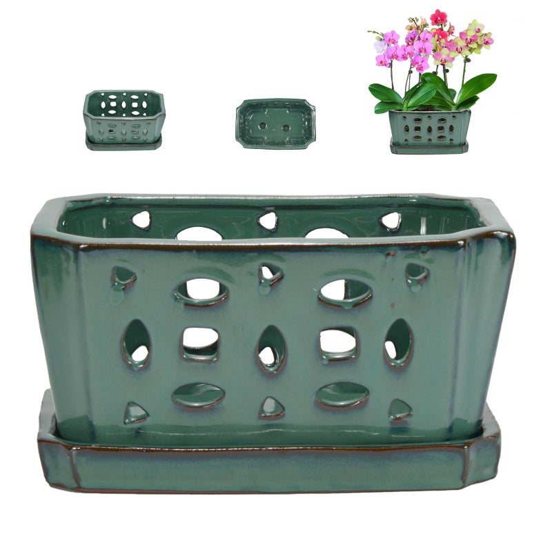 w w W&W Orchid Pot with Holes and Saucer for Repotting, Green, 9.7 Inches - Image 1