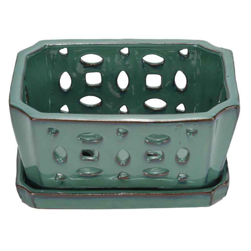 w w W&W Orchid Pot with Holes and Saucer for Repotting, Green, 9.7 Inches - Image 2