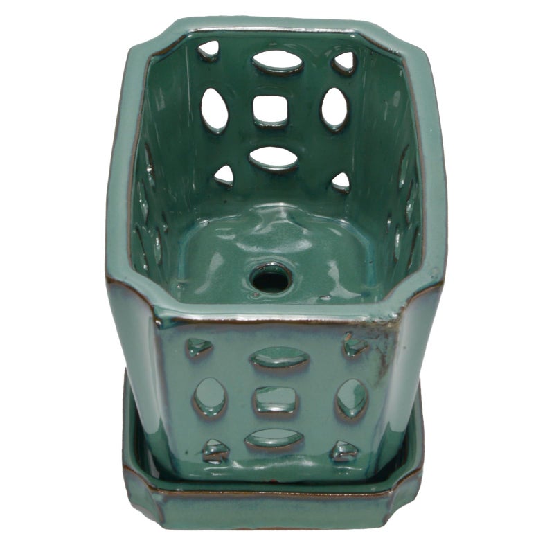 w w W&W Orchid Pot with Holes and Saucer for Repotting, Green, 9.7 Inches - Image 3
