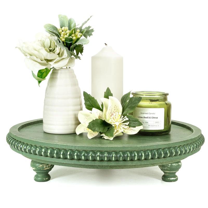 EOSAHR Round Pine Wooden Display Riser - Beaded Wood Riser for Small Plant Stand & Sink Sponge Holder, Perfume Display Stand - Rustic Kitchen Counter Organizer, Boho Chic Room Decor (Green) - Image 1