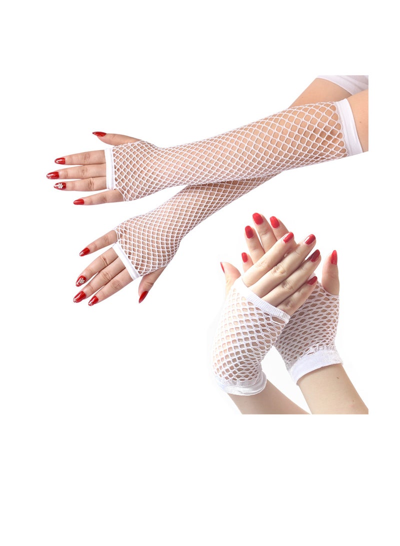 SUNSAR white Long and Short Fishnet Gloves, 2 Pairs Fingerless Fishnet Gloves, Stretchy Mesh Retro Gloves for Women for Party Cosplay Accessories - Image 1