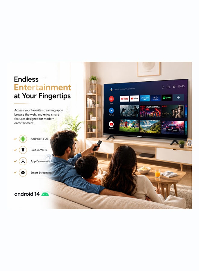 NIKAI 43-inch QLED Smart TV Full HD 1080p | Android 14 | Built-in WiFi | Frameless Ultra Slim Design | 1GB RAM 8GB Storage | YouTube, Facebook, Web Browser | HDMI & USB | 20W Audio - NTV43QSLED NTV43QSLED Black - Image 4