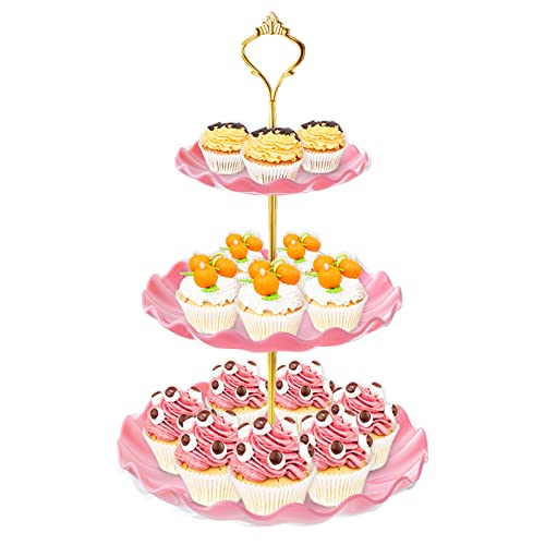 BACUTHY 3 Tier Cupcake Stand Holder, BACUTHY Plastic Cup Cake Stand Tower with Tiered Serving Tray for Cupcakes, Donuts, Fruits and More, Pink - Image 1
