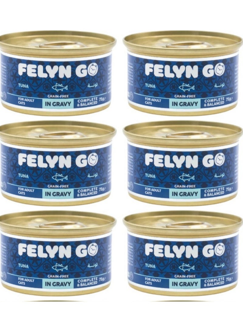 Felyn GO Premium Tuna Wet Food for Adult Cats in Gravy – High-Protein Ocean Formula, Grain-Free, Soft & Juicy Texture – Complete & Balanced Nutrition – 75g Cans (Pack of 6) - Image 1