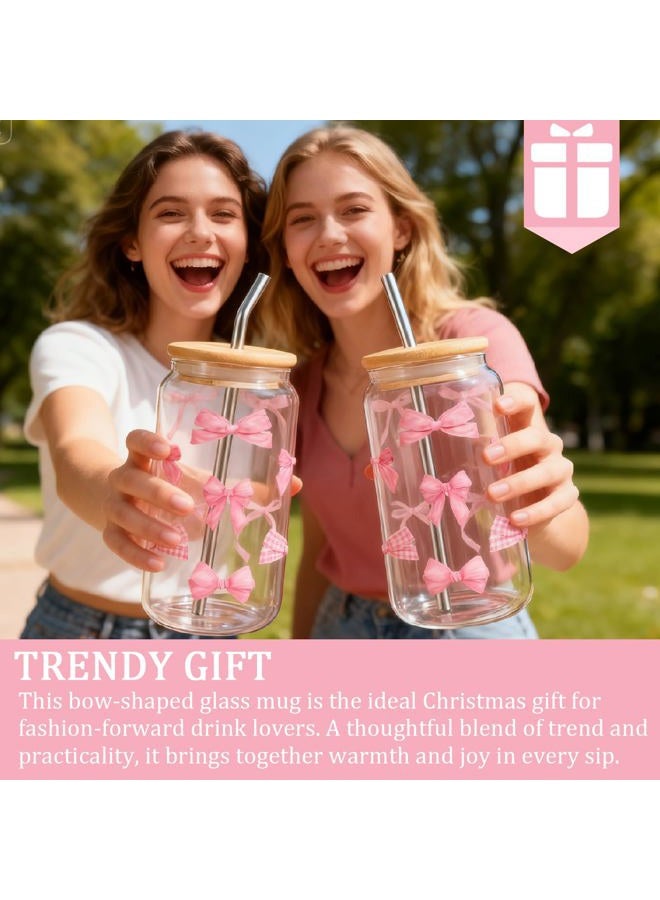 Ninivi Elegant 16 oz Bow Cup for Bubble Tea, Glass Drinking Cup with Lid and Straw, Coffee or Cocktail, Aesthetic Iced Latte Glass and Straw for Iced Bubble Tea Water - Image 2