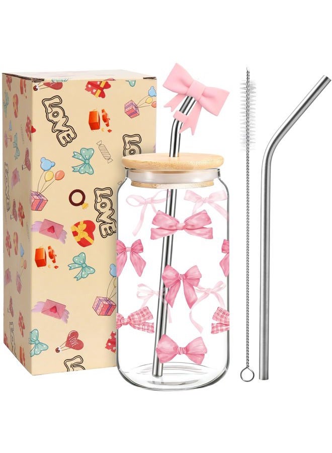 Ninivi Elegant 16 oz Bow Cup for Bubble Tea, Glass Drinking Cup with Lid and Straw, Coffee or Cocktail, Aesthetic Iced Latte Glass and Straw for Iced Bubble Tea Water - Image 1