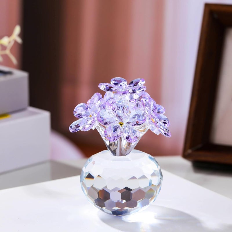 Qianwei تمثال زهور كريستالية بنفسجية اللون من علامة Qianwei – هدايا من نوع “Forget Me Not”， تحف مجمعة على شكل زهور زجاجية تعبر عن التعازي، تُستخدم كأوزان وزينة للمكاتب وطاولات المنزل أو المكاتب العمل. - Image 2