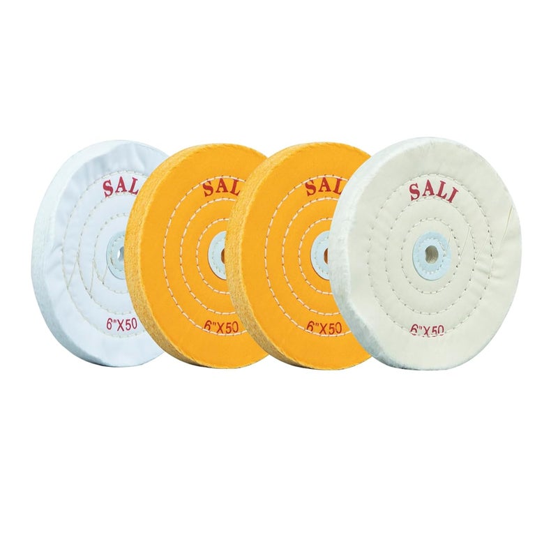 SALI 4 Pack Polishing Wheel for Bench Grinder Buffing Wheel 6 Inch 2 Yellow Cotton 1 White Cotton 1 White Cotton (50 Ply) for Buffer Polisher Pad 1/2'' Arbor Hole - Image 1