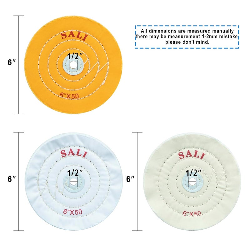 SALI 4 Pack Polishing Wheel for Bench Grinder Buffing Wheel 6 Inch 2 Yellow Cotton 1 White Cotton 1 White Cotton (50 Ply) for Buffer Polisher Pad 1/2'' Arbor Hole - Image 2
