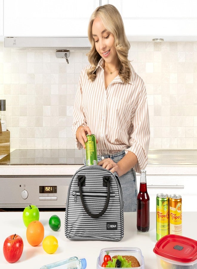 opux Insulated Lunch Box Women, Lunch Bag Tote Girls Kids Teen Adult, Cute Soft Lunch Cooler Container Work School, Reusable Thermal Food Meal Prep Organizer Pail Travel Beach, Black White Stripes - Image 4