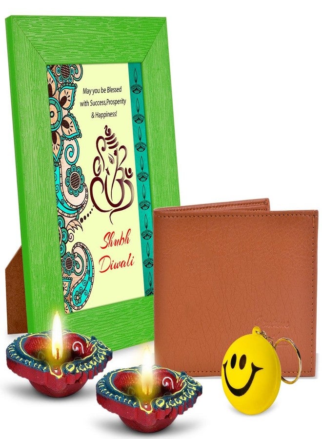 Alwaysgift May You Be Blessed with Success Shubh Diwali Gift Set - 2 Diyas, Wallet, Smiley Keychain, & Quotation Photo Frame - Ideal Diwali Gift Hamper - Image 1