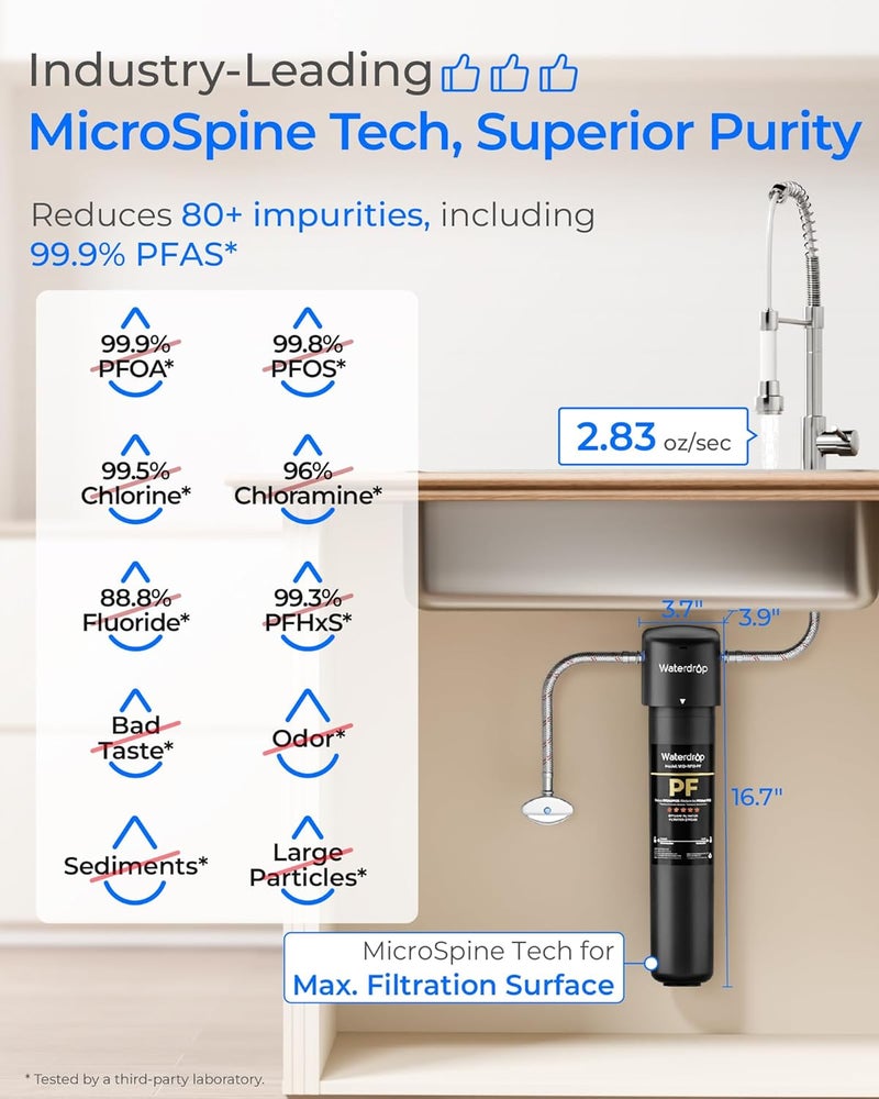 Waterdrop 15UA-PF Under Sink Water Filter, Reduce 80+ Impurities Including 𝟗𝟗.𝟗% 𝐏𝐅𝐎𝐀, 𝟗𝟗.𝟖% 𝐏𝐅𝐎𝐒, 96% Chloramine, Fluoride, VOCs, Chloroform, Under Sink Water Filtration System - Image 3