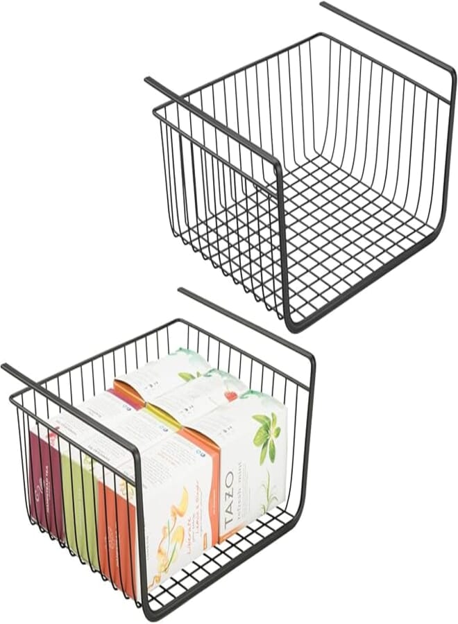 mDesign Metal Under Shelf Basket for Kitchen Storage - Wire Farmhouse Sliding Bin Basket for Pantry - Large Open Front Organizer for Food, Drinks, Snacks - Hyde Collection, 2 Pack - Black