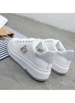 Leather-Covered Waterproof Women's Butterfly Shoes Lace-Up White Shoes White Silver