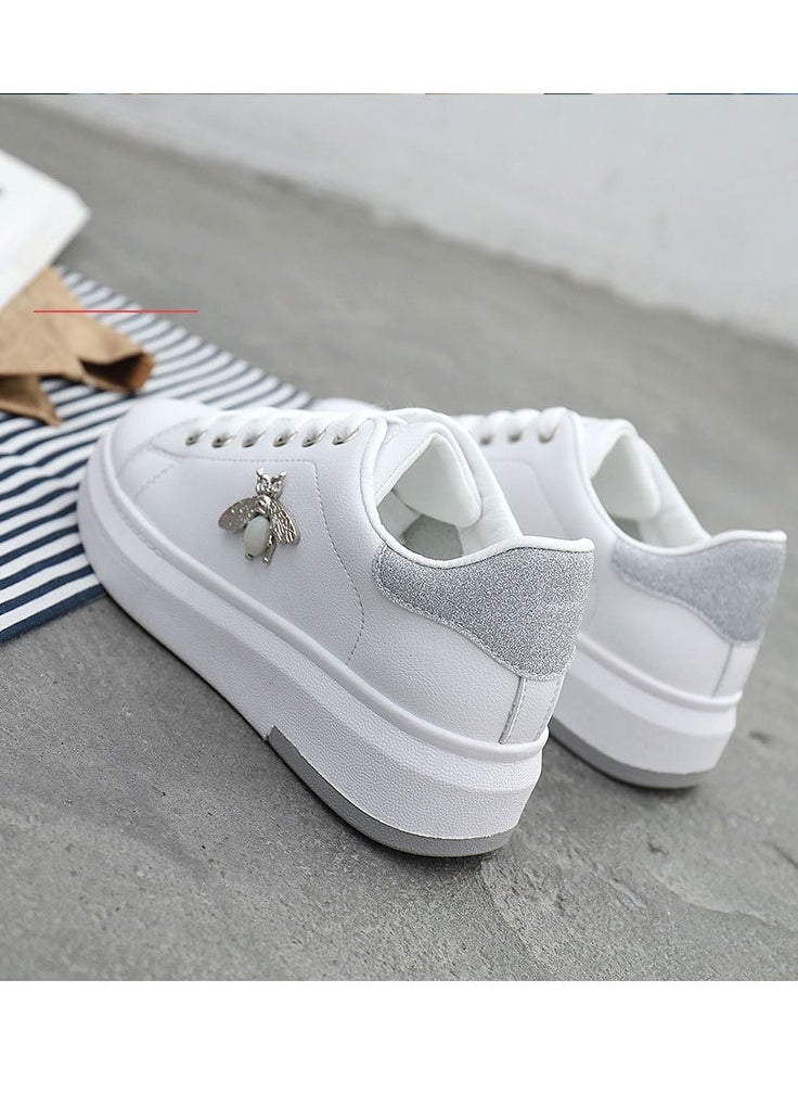 Generic - Leather-Covered Waterproof Women's Butterfly Shoes Lace-Up White Shoes White Silver - Image 1