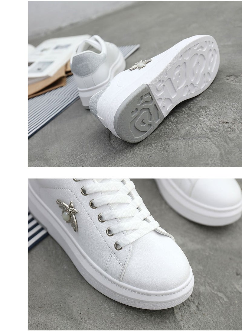 Generic - Leather-Covered Waterproof Women's Butterfly Shoes Lace-Up White Shoes White Silver - Image 1