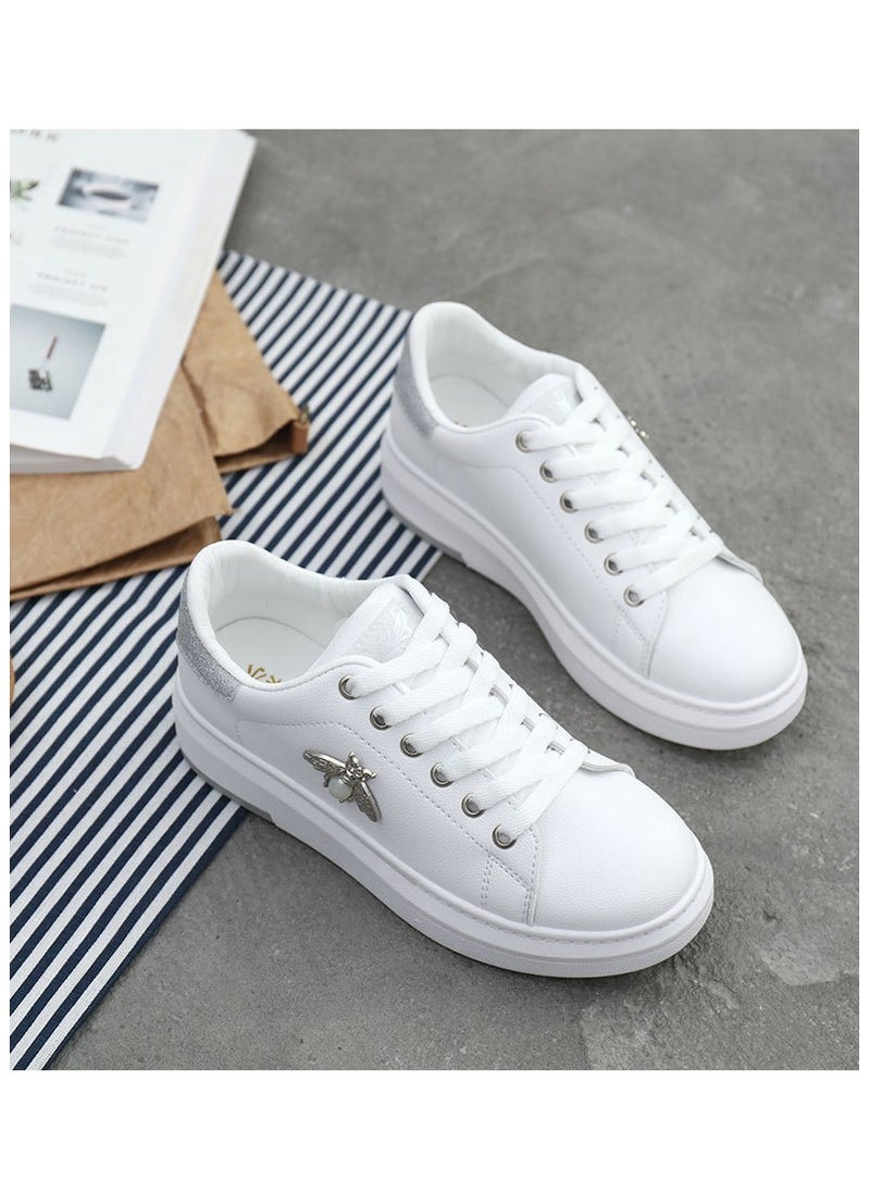 Generic - Leather-Covered Waterproof Women's Butterfly Shoes Lace-Up White Shoes White Silver - Image 1