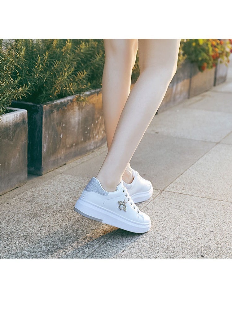 Generic - Leather-Covered Waterproof Women's Butterfly Shoes Lace-Up White Shoes White Silver - Image 1
