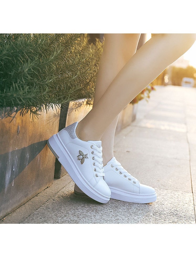 Generic - Leather-Covered Waterproof Women's Butterfly Shoes Lace-Up White Shoes White Silver - Image 1