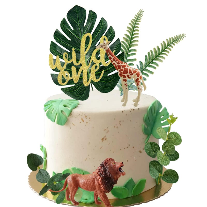 LEFUBABY Realistic Safari Jungle Animals Cake Toppers with Plam Leaf Eucalyptus Leaves Cake Decorations for Wild Themed Birthday Baby Shower Party (Wild One) - Image 4