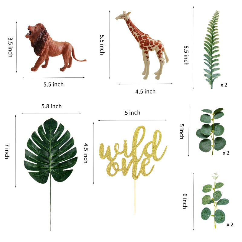 LEFUBABY Realistic Safari Jungle Animals Cake Toppers with Plam Leaf Eucalyptus Leaves Cake Decorations for Wild Themed Birthday Baby Shower Party (Wild One) - Image 2