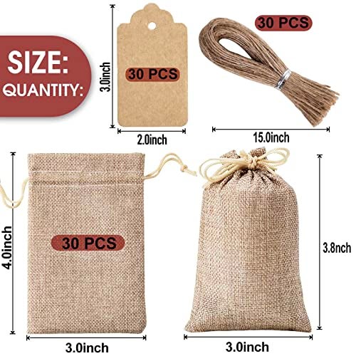 Homum 30Pcs Premium Burlap Gift Bags with Drawstring and 30Pcs Gift Tags & String, 3x4 Inch Reusable Gift Bags, Burlap Bags, Linen Sacks Bag for Wedding Favors Party Jewelry Pouches, Christmas, Coffee, DIY Craft Bags - Image 2