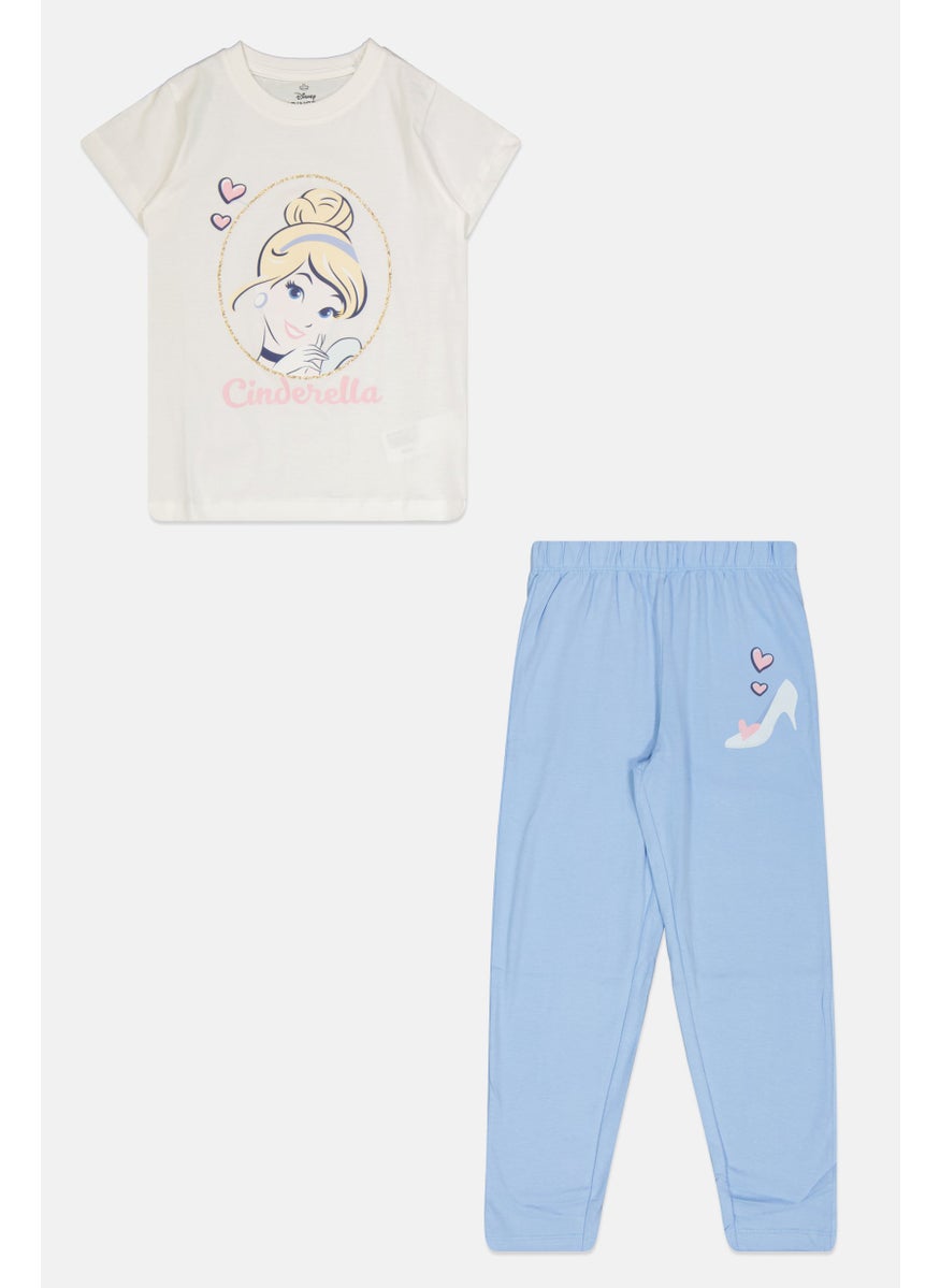 Disney Kids Girl 2 Pieces Cinderella Pajama Set, White/Blue  - Image 1