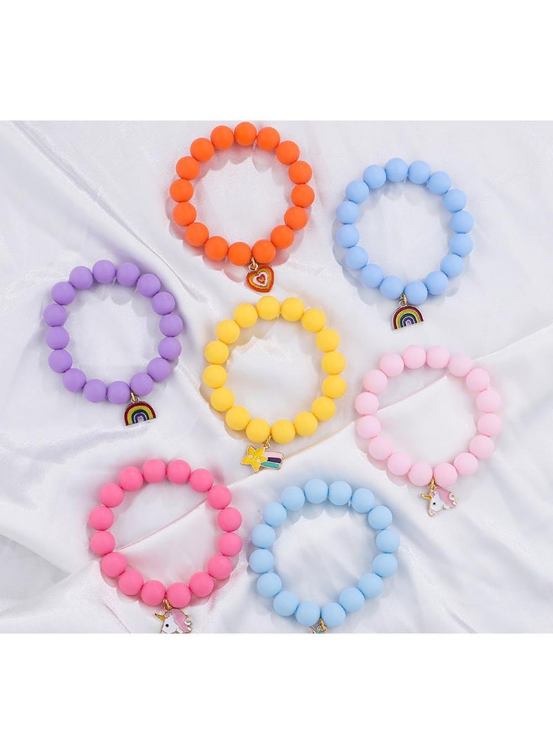 Sweet seven Colorful Beaded Bracelets for Kids - Unicorn, Heart, Rainbow Charms - Cute & Elastic Friendship Bracelets - Pack of 6 - Gifts for Girls  - Image 5