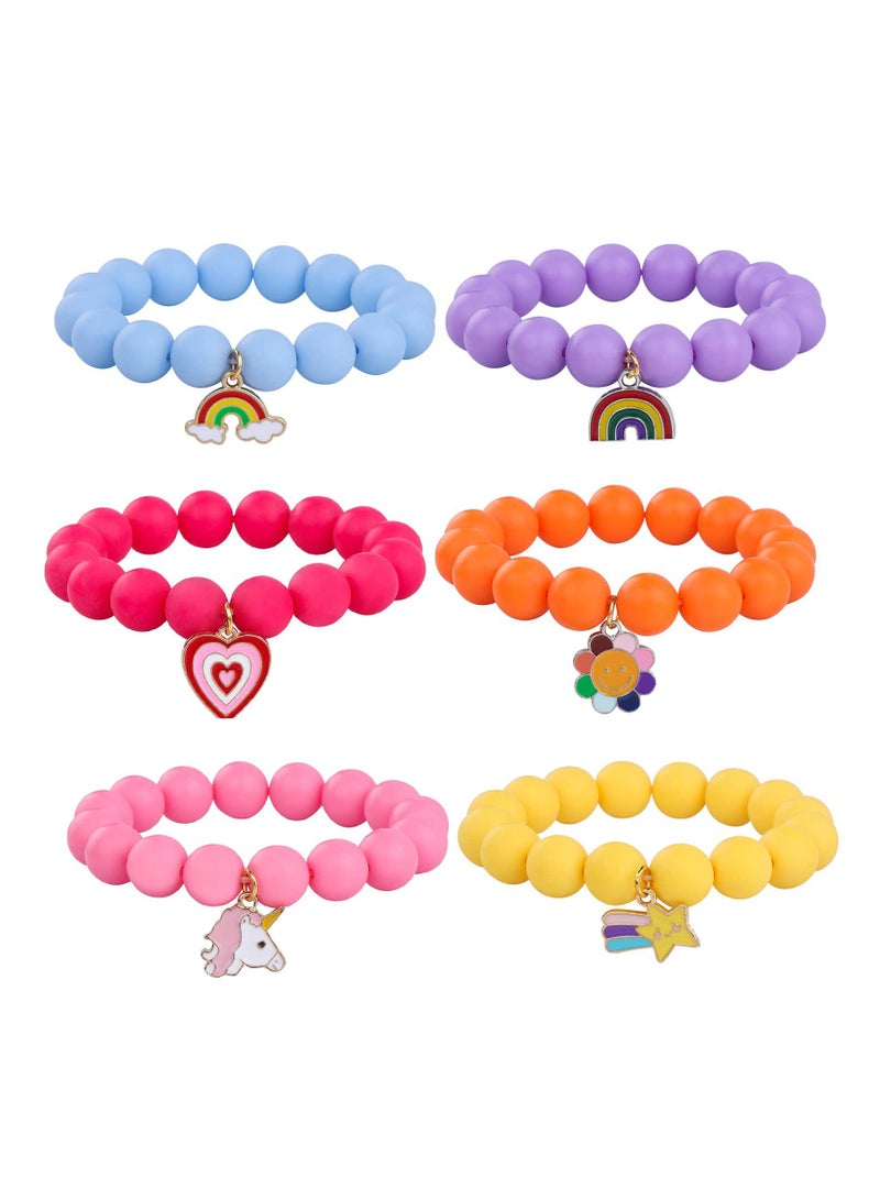 Sweet seven Colorful Beaded Bracelets for Kids - Unicorn, Heart, Rainbow Charms - Cute & Elastic Friendship Bracelets - Pack of 6 - Gifts for Girls  - Image 1