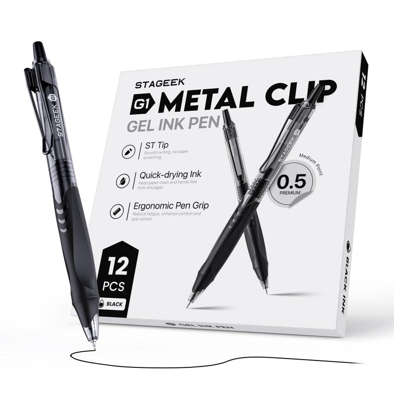 STAGEEK 12 Pack Black Gel Pens, Quick Dry Black Ink Pens, 0.5mm Fine Point Retractable Smooth Writing Pens for Journaling, Writing, Business Gel Pen for Office School & Home Supplies(Black) - Image 1
