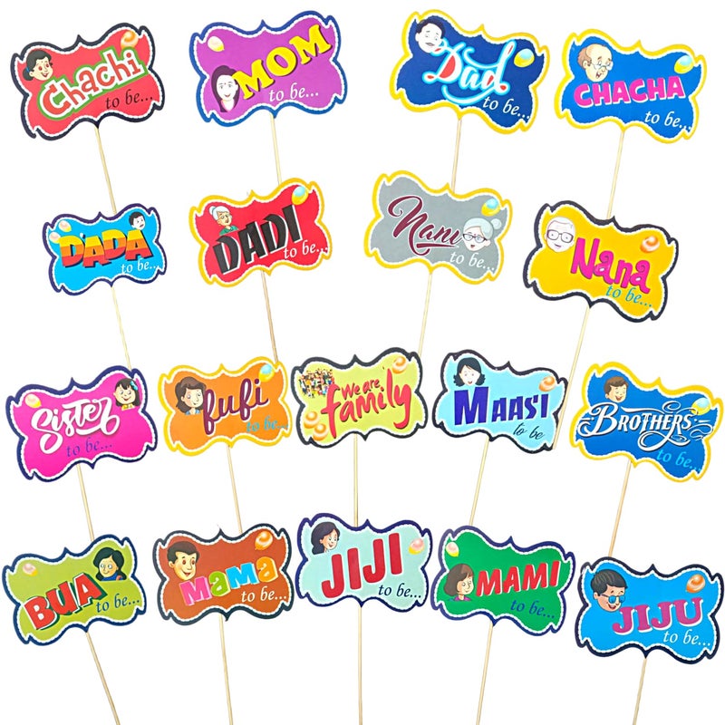 FI - FLICK IN 18 pcs Baby Shower Props for Photoshoot Indian Family Photo Booth Party Props Decorations Sticks Attached Babyshower Photography Hindi English Props (Pack of 18, Multicolor) - Image 1