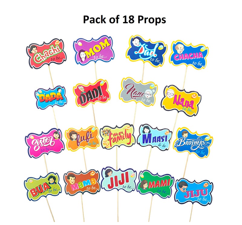 FI - FLICK IN 18 pcs Baby Shower Props for Photoshoot Indian Family Photo Booth Party Props Decorations Sticks Attached Babyshower Photography Hindi English Props (Pack of 18, Multicolor) - Image 2