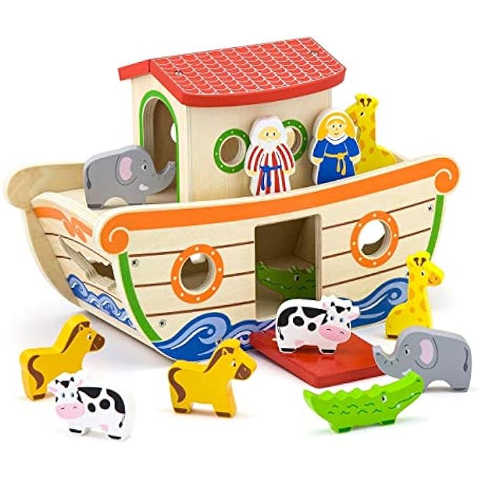 VIGA WOODEN NOAH'S ARK BIBLE STORY ANIMAL SHAPE SORTER TOY FOR KIDS AGES 2+ YEAR, MULTICOLOR, 51625 - Image 1