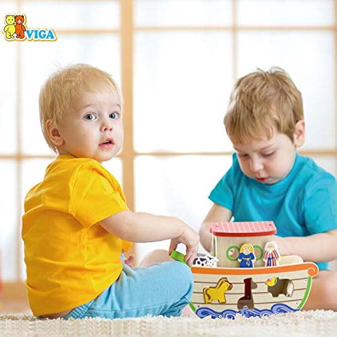 VIGA WOODEN NOAH'S ARK BIBLE STORY ANIMAL SHAPE SORTER TOY FOR KIDS AGES 2+ YEAR, MULTICOLOR, 51625 - Image 2