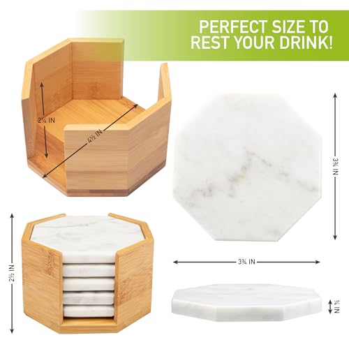 DECO White Carrara Marble Coasters (Set of 5)- Durable, Thick Coasters w Coaster Holder for Easy Storage - Protects Any Table Type & Fits Any Mug, Drinking Glass, Barware -Great Housewarming & Wedding Gift - Image 3