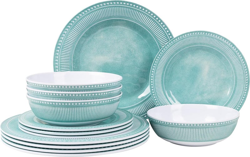 AELS Melamine Dinnerware Set of 12 Pcs Dinner Dishes Set for Indoor and Outdoor Use Melamine Plates and Bowls Set for 4 Dishwasher Safe Lightweight Unbreakable BPA Free Green - Image 1