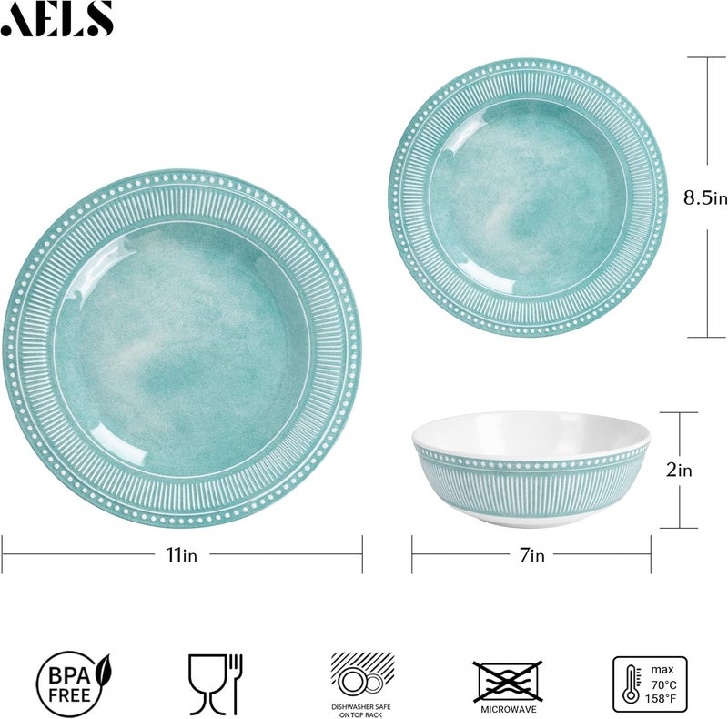AELS Melamine Dinnerware Set of 12 Pcs Dinner Dishes Set for Indoor and Outdoor Use Melamine Plates and Bowls Set for 4 Dishwasher Safe Lightweight Unbreakable BPA Free Green - Image 2
