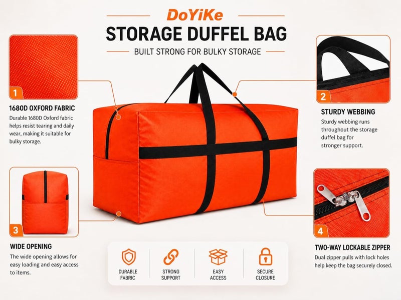 DoYiKe Extra Large Storage Duffle Bag with Zippers and Handles, Orange Big Foldable Duffle Bag for Travel-130L - Image 5