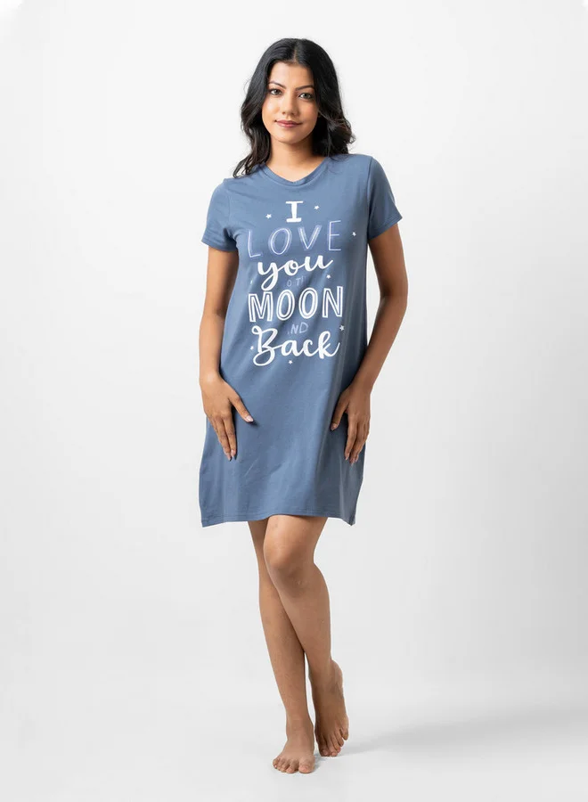 Aadaraya Aadaraya Slogan Print Sleepshirt with Crew Neck