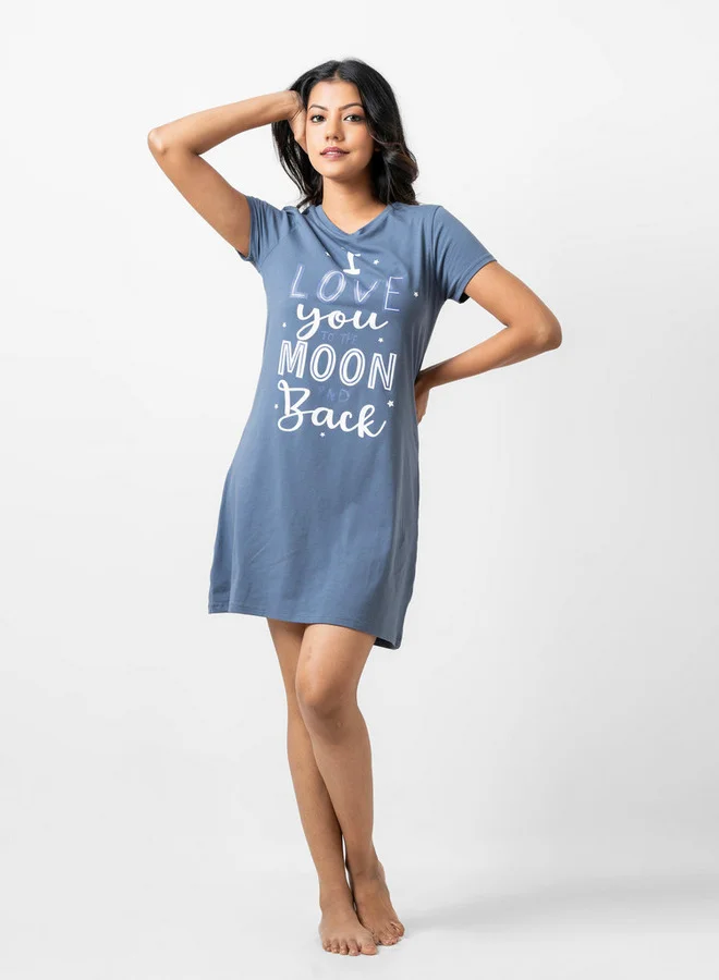 Aadaraya Aadaraya Slogan Print Sleepshirt with Crew Neck