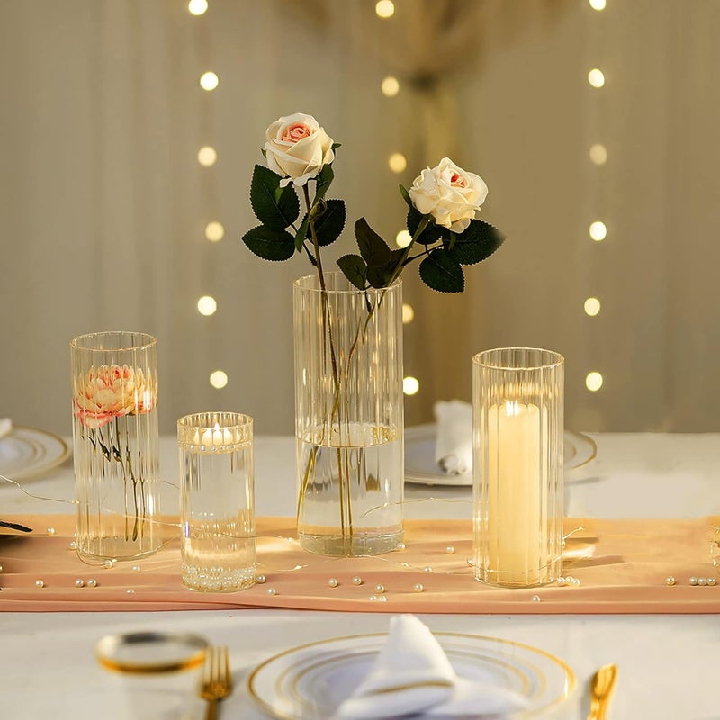 Hewory Glass Cylinder Ribbed Vases Set of 6, Tall Clear Vase for Centerpieces, Hurricane Candle Holders for Pillar or Floating Candles, Round Vases for Wedding Anniversary Events Home Table Decor - Image 4