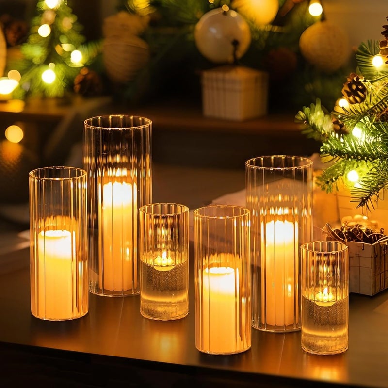 Hewory Glass Cylinder Ribbed Vases Set of 6, Tall Clear Vase for Centerpieces, Hurricane Candle Holders for Pillar or Floating Candles, Round Vases for Wedding Anniversary Events Home Table Decor - Image 1