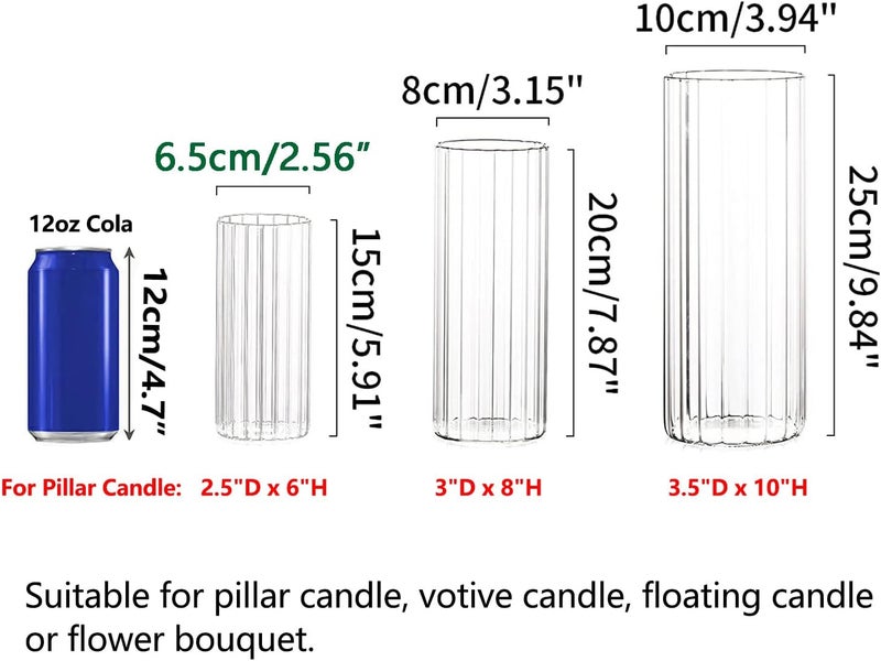 Hewory Glass Cylinder Ribbed Vases Set of 6, Tall Clear Vase for Centerpieces, Hurricane Candle Holders for Pillar or Floating Candles, Round Vases for Wedding Anniversary Events Home Table Decor - Image 2